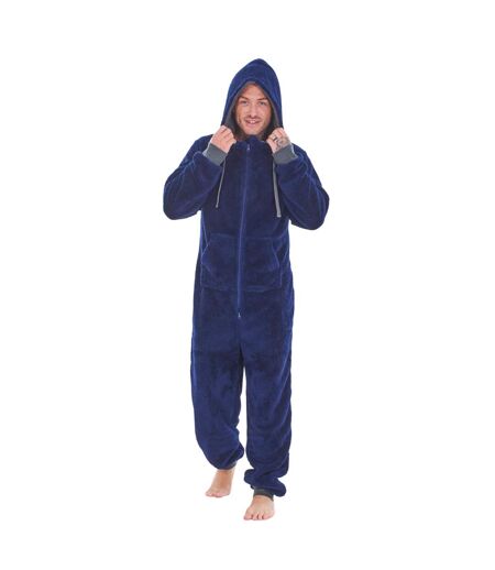 Mens Hooded Fleece Contrast Trim Jumpsuit Navy Keanu