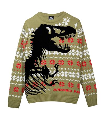 Jurassic Park Unisex Adult Dinosaur Skeleton Knitted Christmas Sweater (Khaki Green/Black/White) - UTHE682