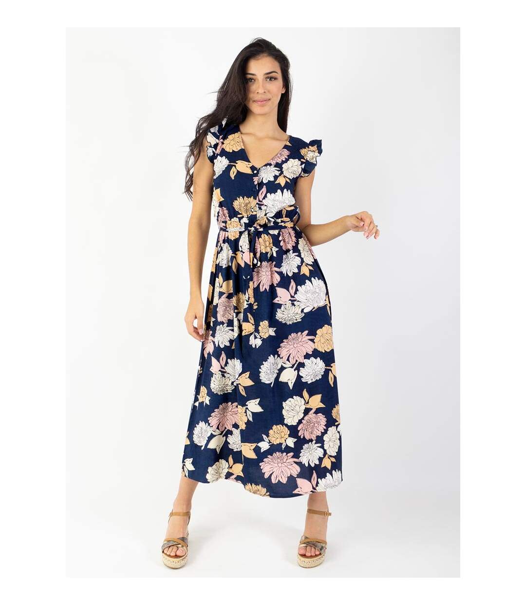 Robe longue manches volantées KAYLA fleurie bleue Coton Du Monde