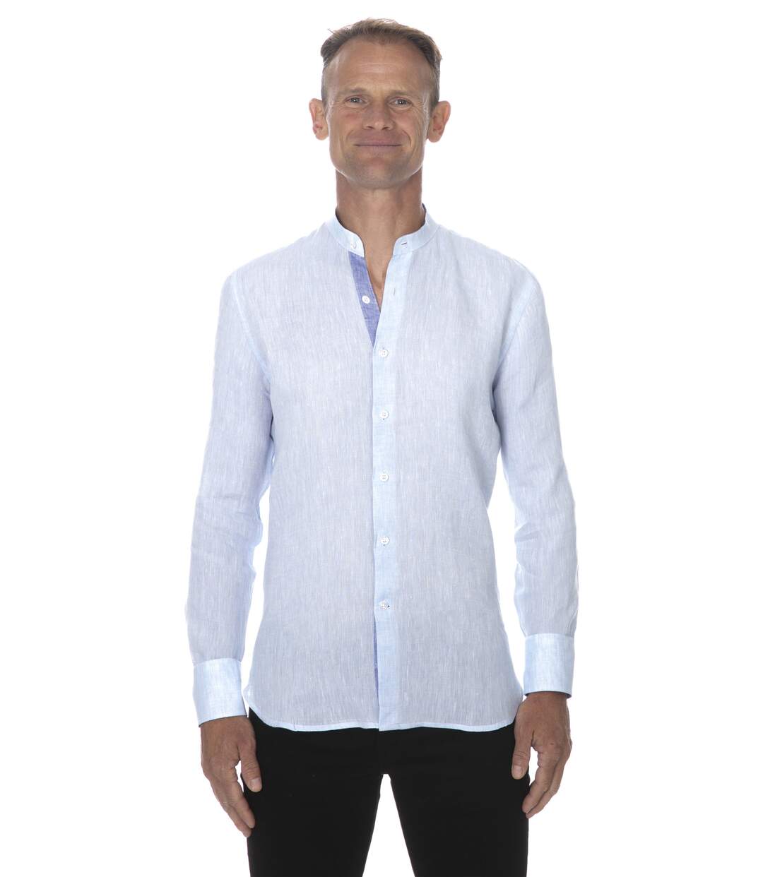 Chemise Lin Col Mao Bleu Manches Longues