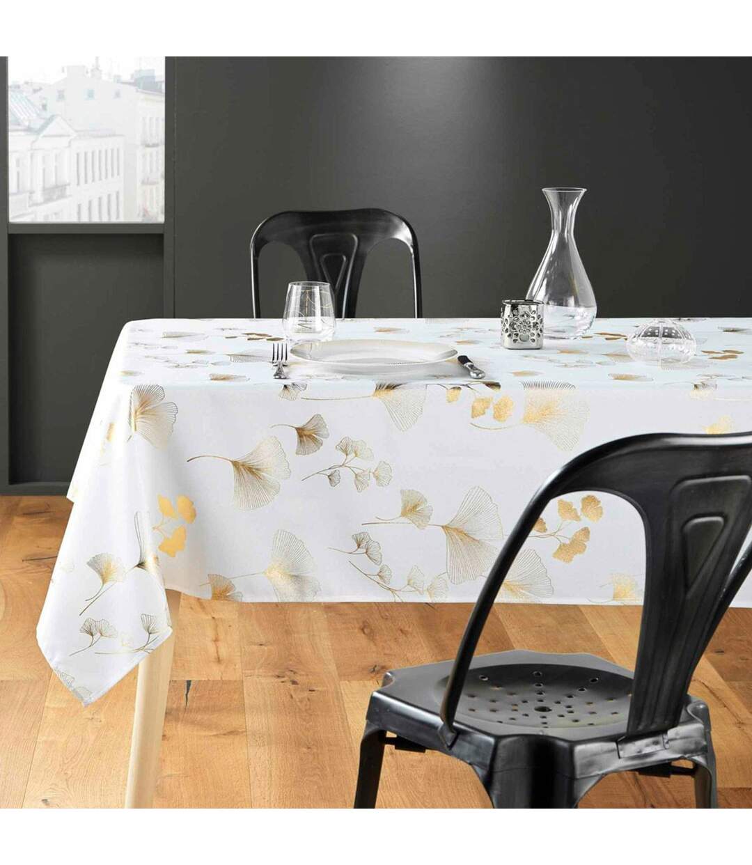 Nappe Imprimé Métallisé Bloomy 150x300cm Blanc & Or-3