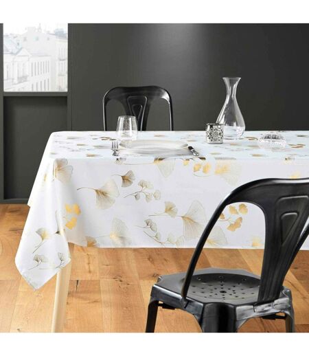Nappe Imprimé Métallisé Bloomy 150x300cm Blanc & Or