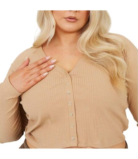 Womens/ladies Ribbed V Neck Plus Long-sleeved Crop Top Taupe Brave Soul