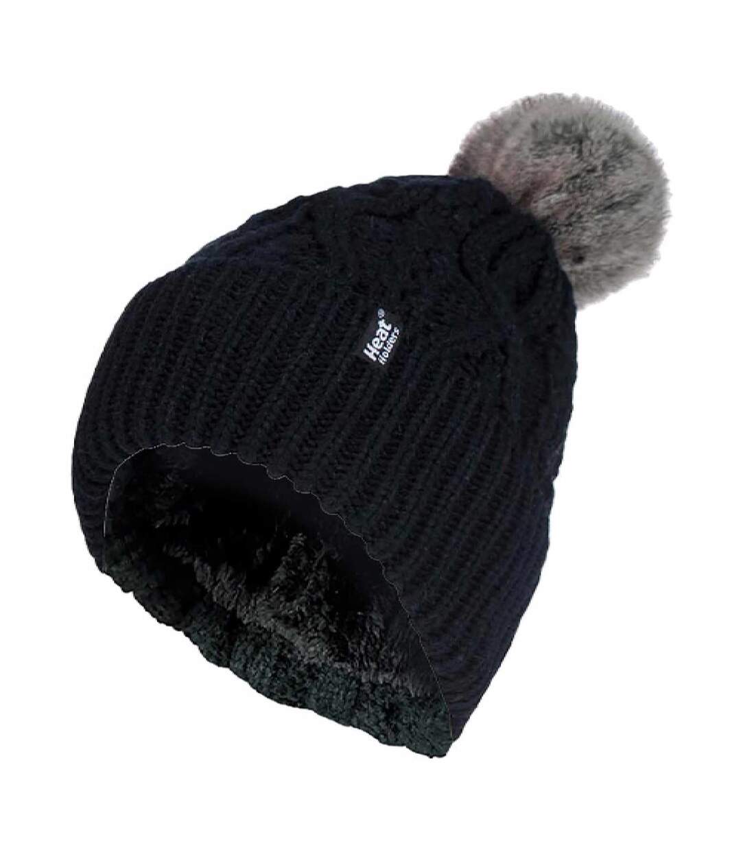 Ladies Knitted Turnover Cuffed Pom Pom Beanie Hat with Bobble-1