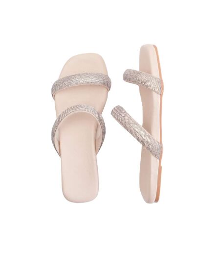 Womens/ladies yakirah diamante faux leather flatform sliders cream Where´s That From