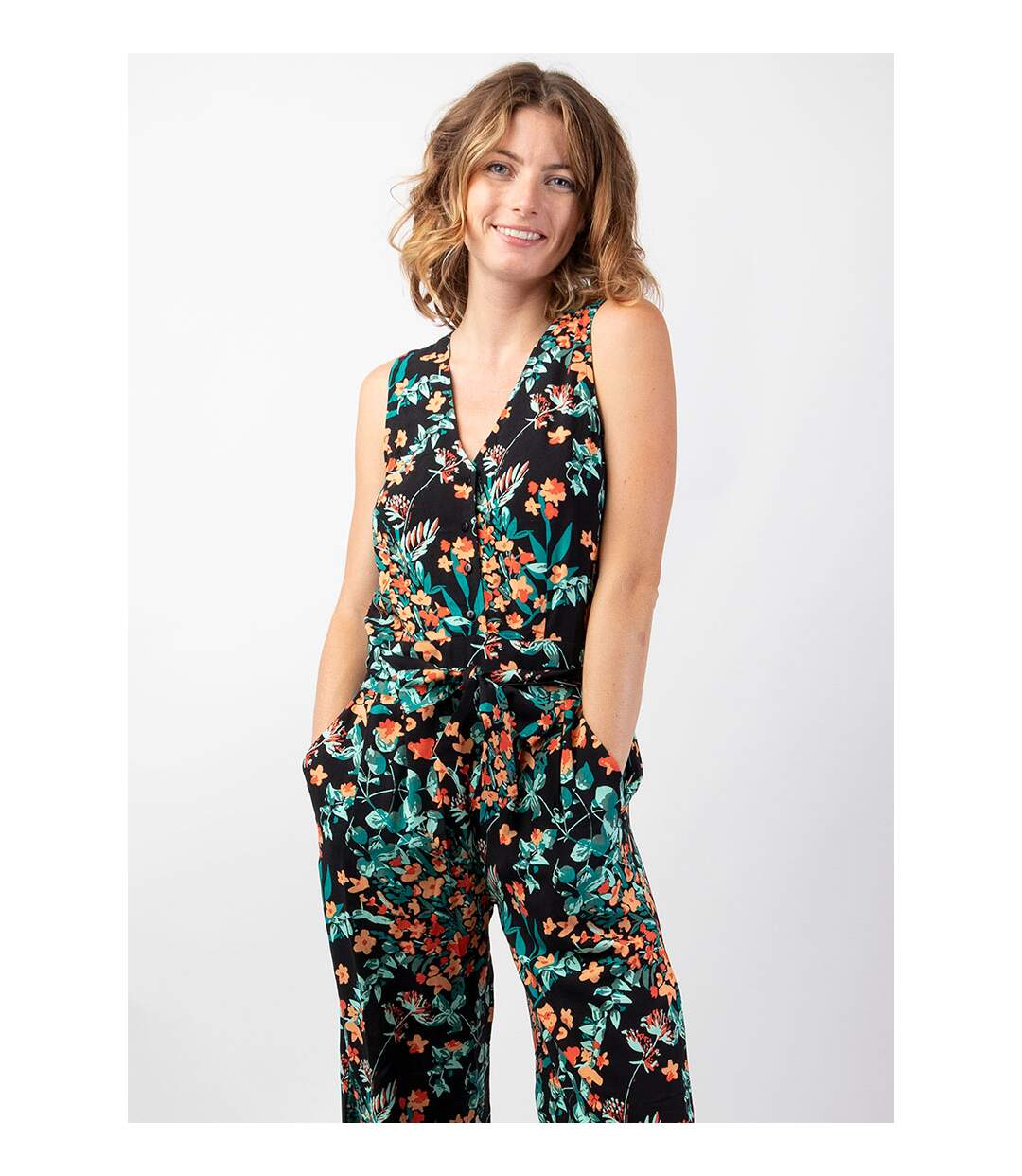 Combi Pantalon fleuri femme PAULY noir Coton Du Monde