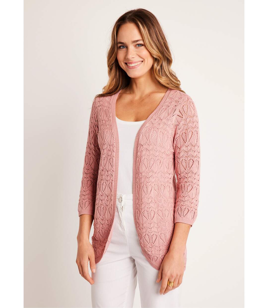 Gilet long ajouré coton manches 3/4-1