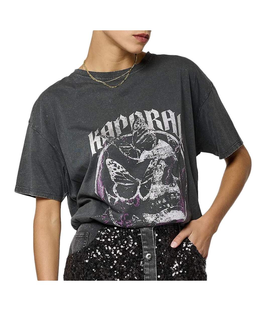 T-Shirt gris femme kaporal skull-1