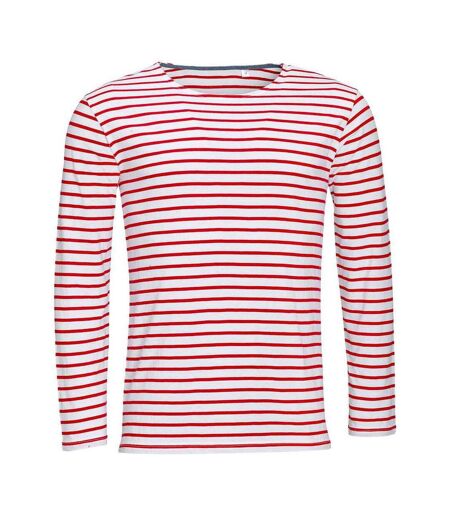 Mens Marine Striped Long-sleeved T-shirt White Red SOLS