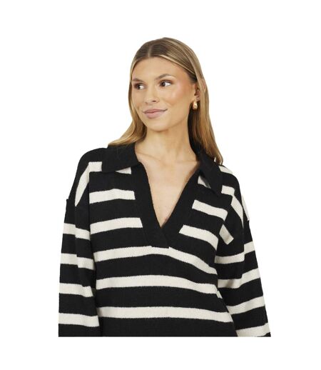 Womens/ladies Striped V Neck Jumper Black Brave Soul