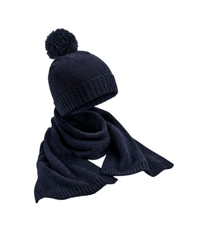 Beechfield Unisex Adult Flecked Knitted Hat And Scarf Set (Navy) (One Size)