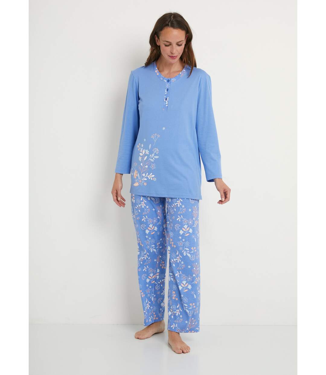 Pyjama manches longues coton uni fleuri-1