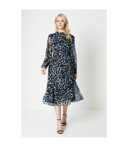 Womens/ladies leopard print pleated midi dress black/blue Principles