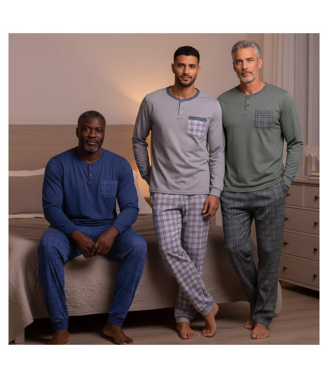 OZABI Pyjama Homme Long Pack de 3, Coton Doublé Polaire, Col Boutonné-4