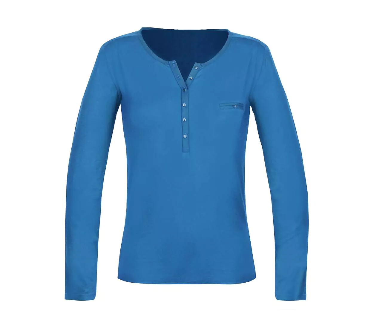 MAYFLOWER NOVICE2 – Tee-shirt manches longues bleu col tunisien satin pour un style chic et fluide-5