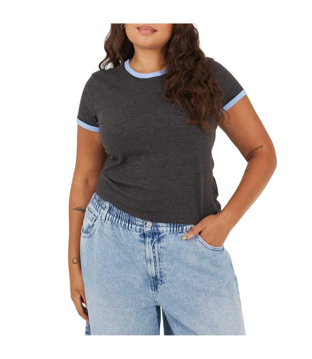 Womens/ladies Ringer Crew Neck Plus T-shirt Charcoal Cornflower Brave Soul-3
