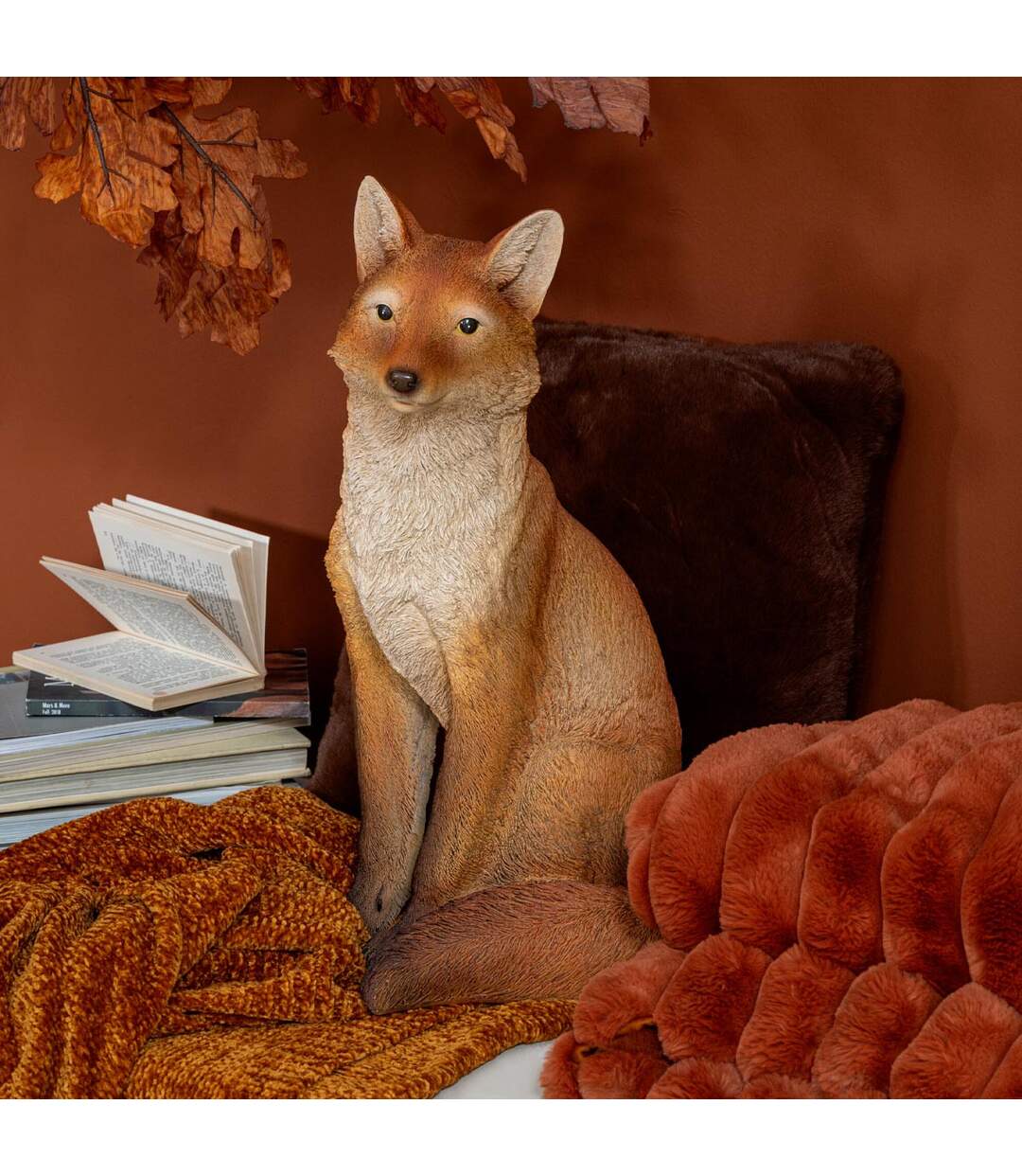 Statue Renard Assis Automne 54cm Orange-2