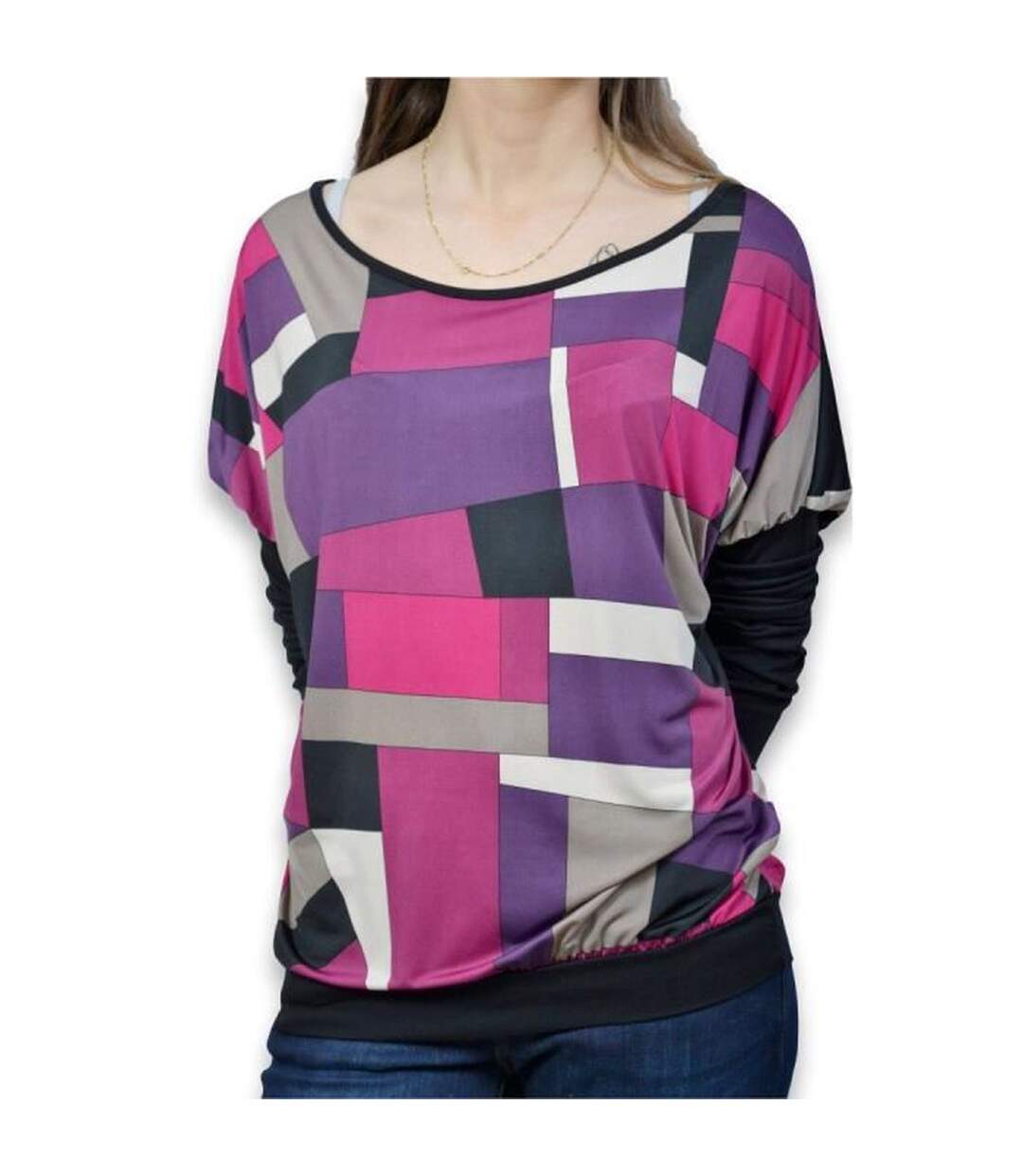 Tee shirt femme manches longues motifs asymétriques col rond-4