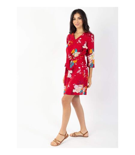 Robe courte manches 3/4 fluide LEYLA imprimé fleuri rouge Coton Du Monde