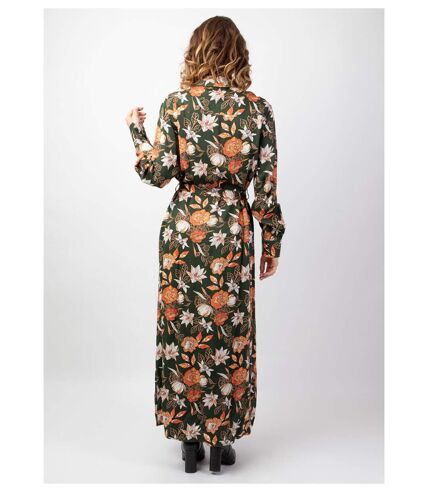 Robe longue en viscose épais kaki VAIANA motif fleuri coloré Coton Du Monde
