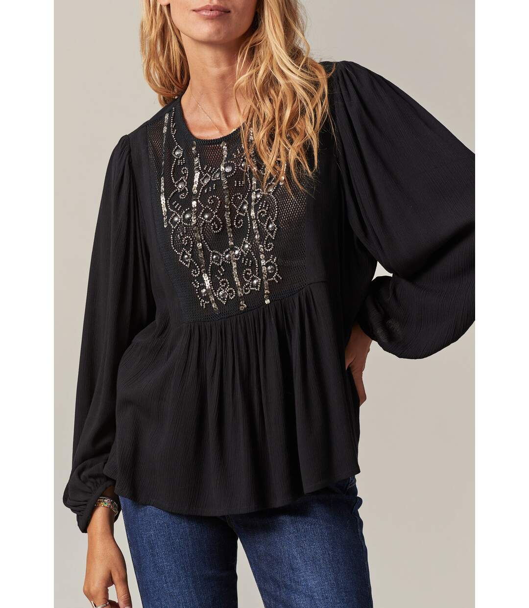 Blouse avec détail résille orné de perles et sequins pour femme PERLA