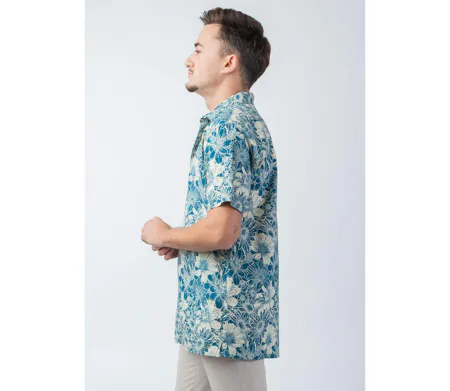 Chemise homme été casual LORENZO motif fleuri bleu Coton Du Monde