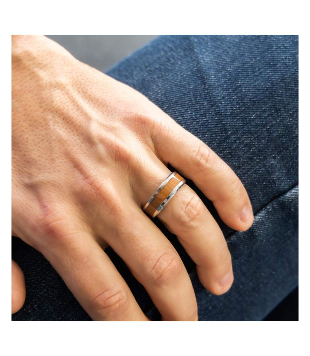 Bague Anneau pour Homme en Acier Argenté Bois