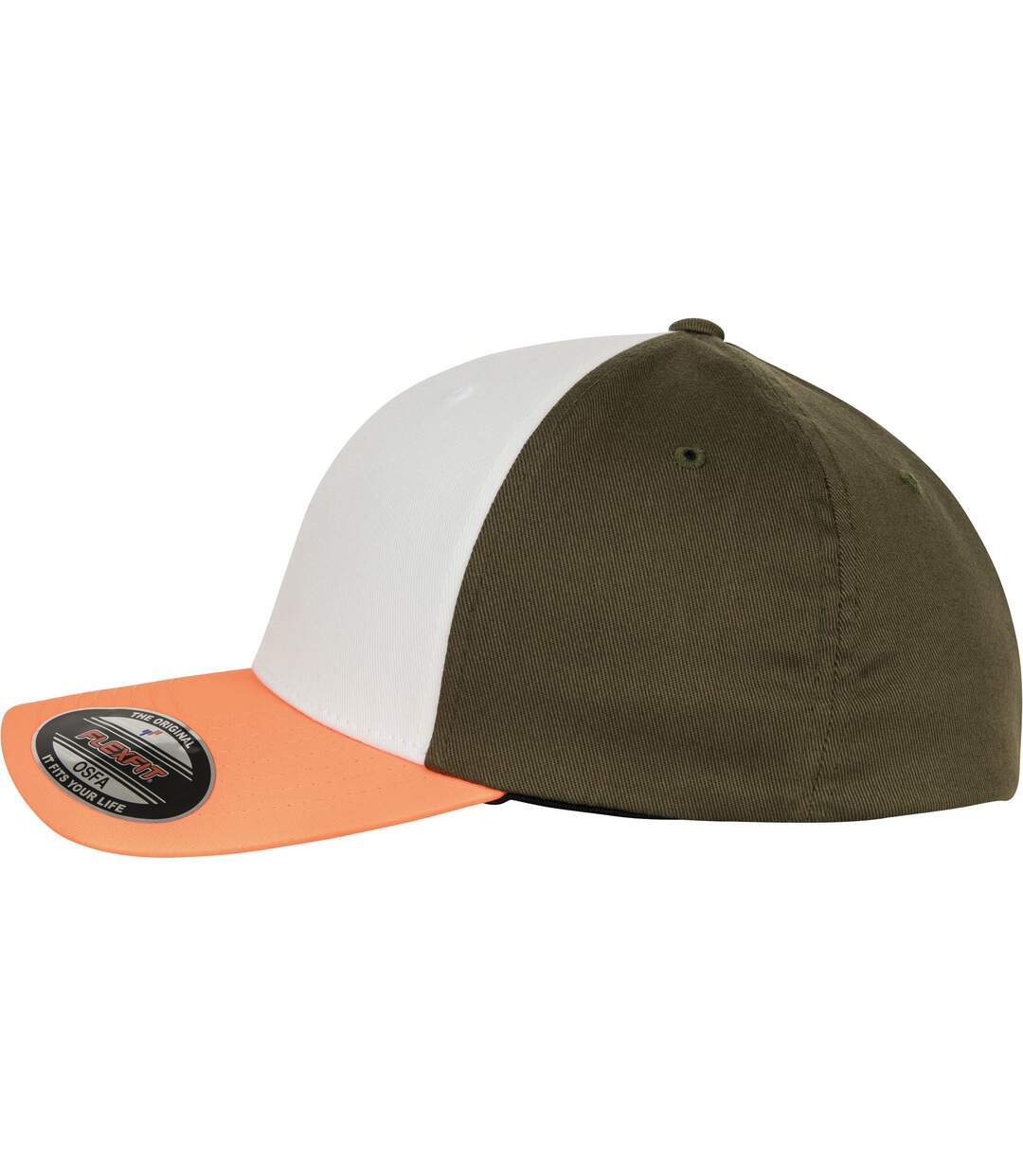 Casquette flexfit adulte orange néon / blanc / vert kaki foncé Yupoong-3