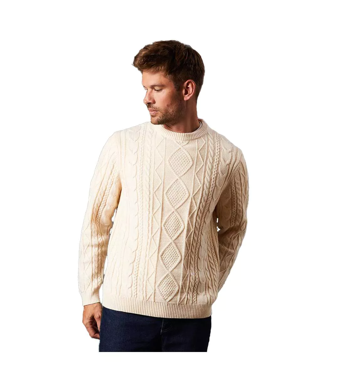 Mens Cable Knit Crew Neck Jumper Off White Burton-2