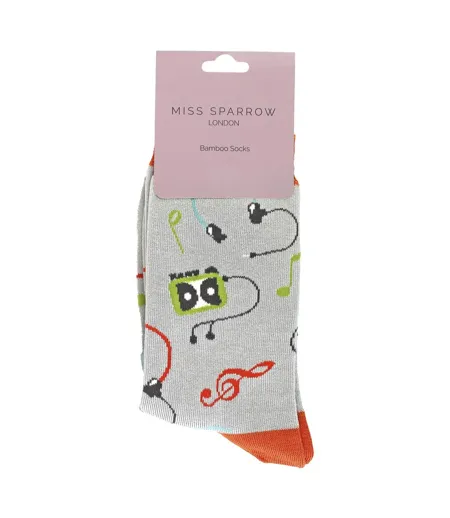 Miss Sparrow - Chaussettes Fantaisie Femme Bambou Motif Musique Rétro Douces