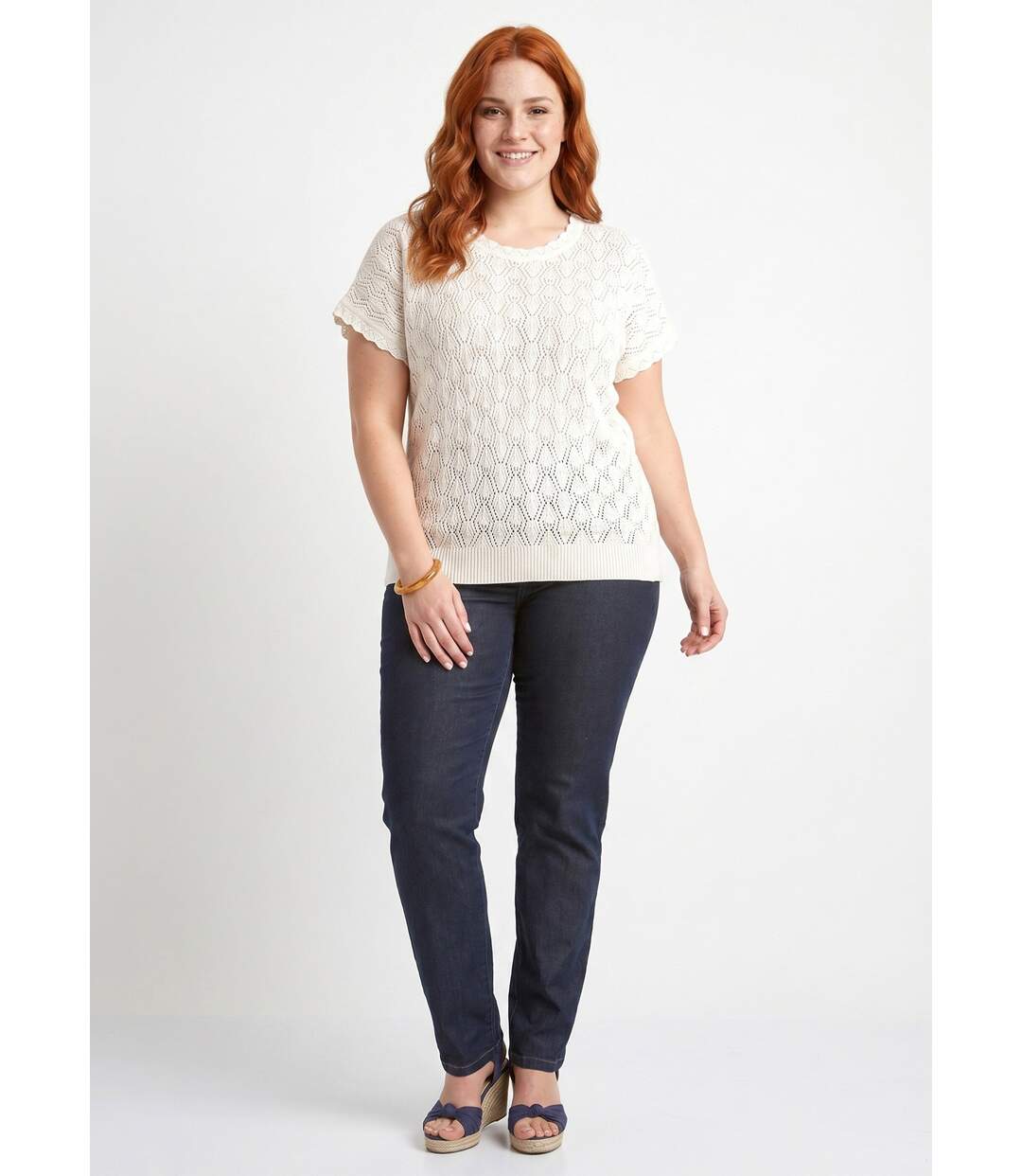 Pull coton court col rond ajouré effet crochet-3