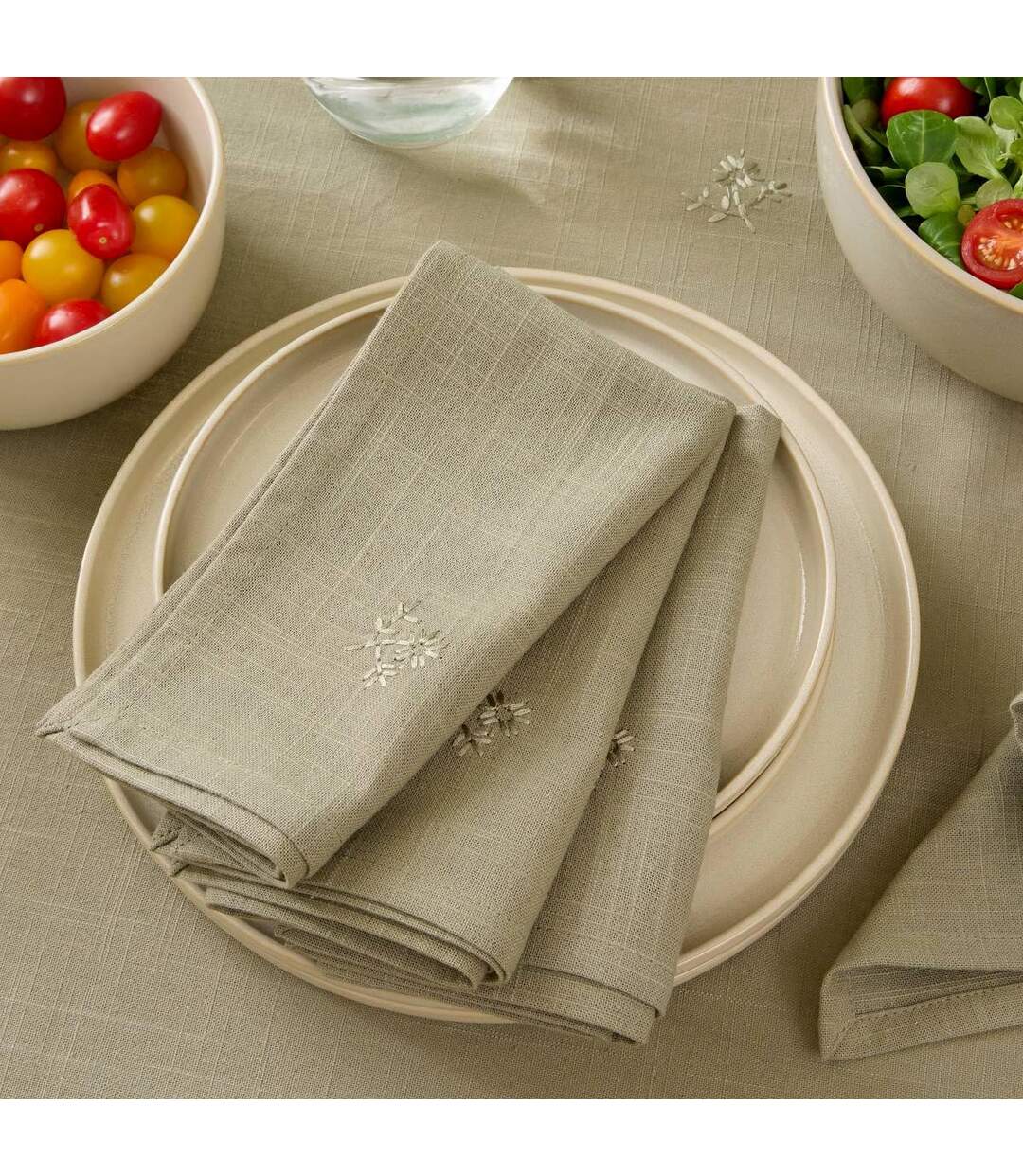 Lot de 4 Serviettes de Table Brodé Joy 40x40cm Kaki-3