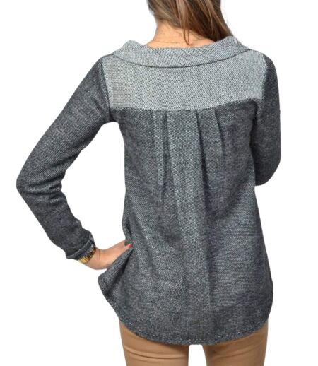 Pull Femmes Long Manches Gris avec Col Rond et Détails en Strass