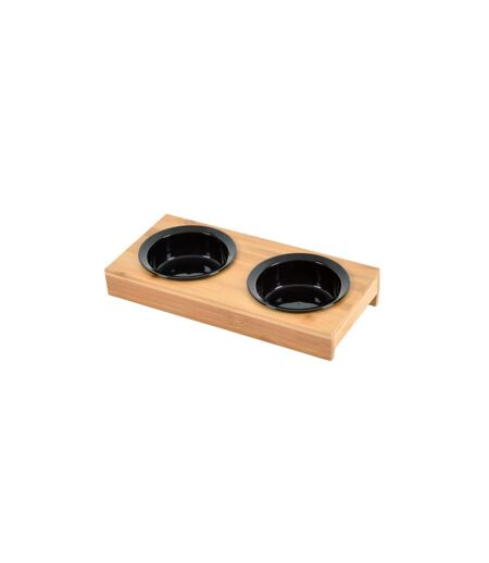 Double Gamelle en Céramique Support Bambou 29cm Noir