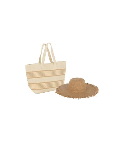 Ensemble Sac de Plage & Chapeau Lignes 58cm Beige & Naturel