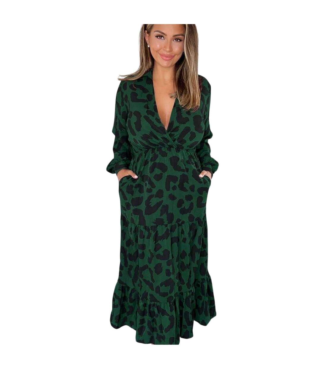 Robe À Smocks Manches Longues Motif/style Imprimé Léopard Femme Vert AX Paris-1