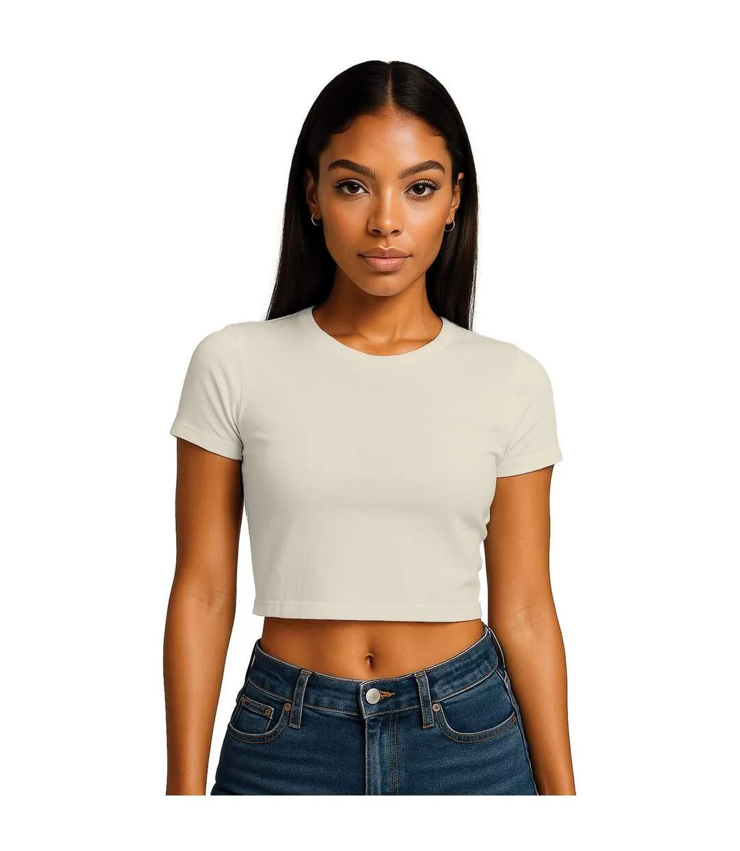 Womens/ladies Combed Cotton Crop T-shirt Ecru Casual Classics-1