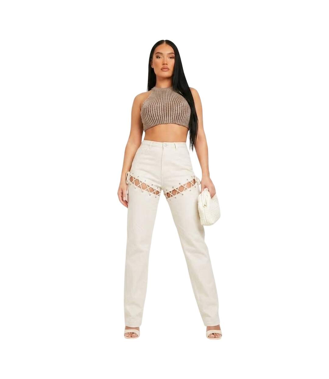 Womens/ladies Lace Up High Waist Trousers Sand Missy Empire-4
