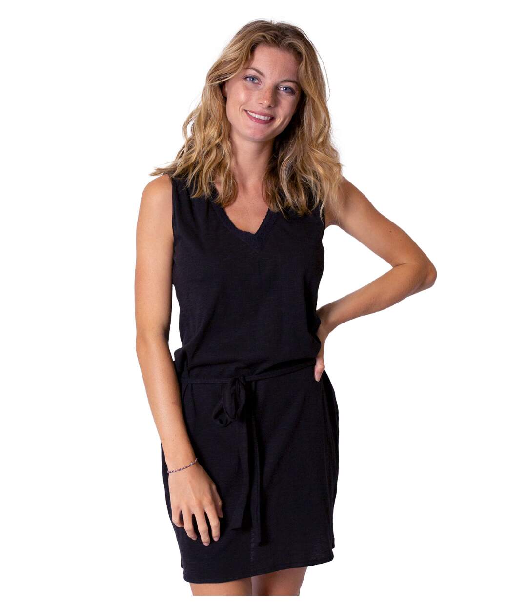 Robe courte en coton col V ELINE noire Coton Du Monde-1