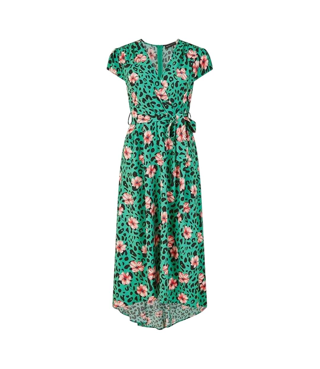 Womens/ladies Animal Print Flutter Wrap Dress Green Mela London-1