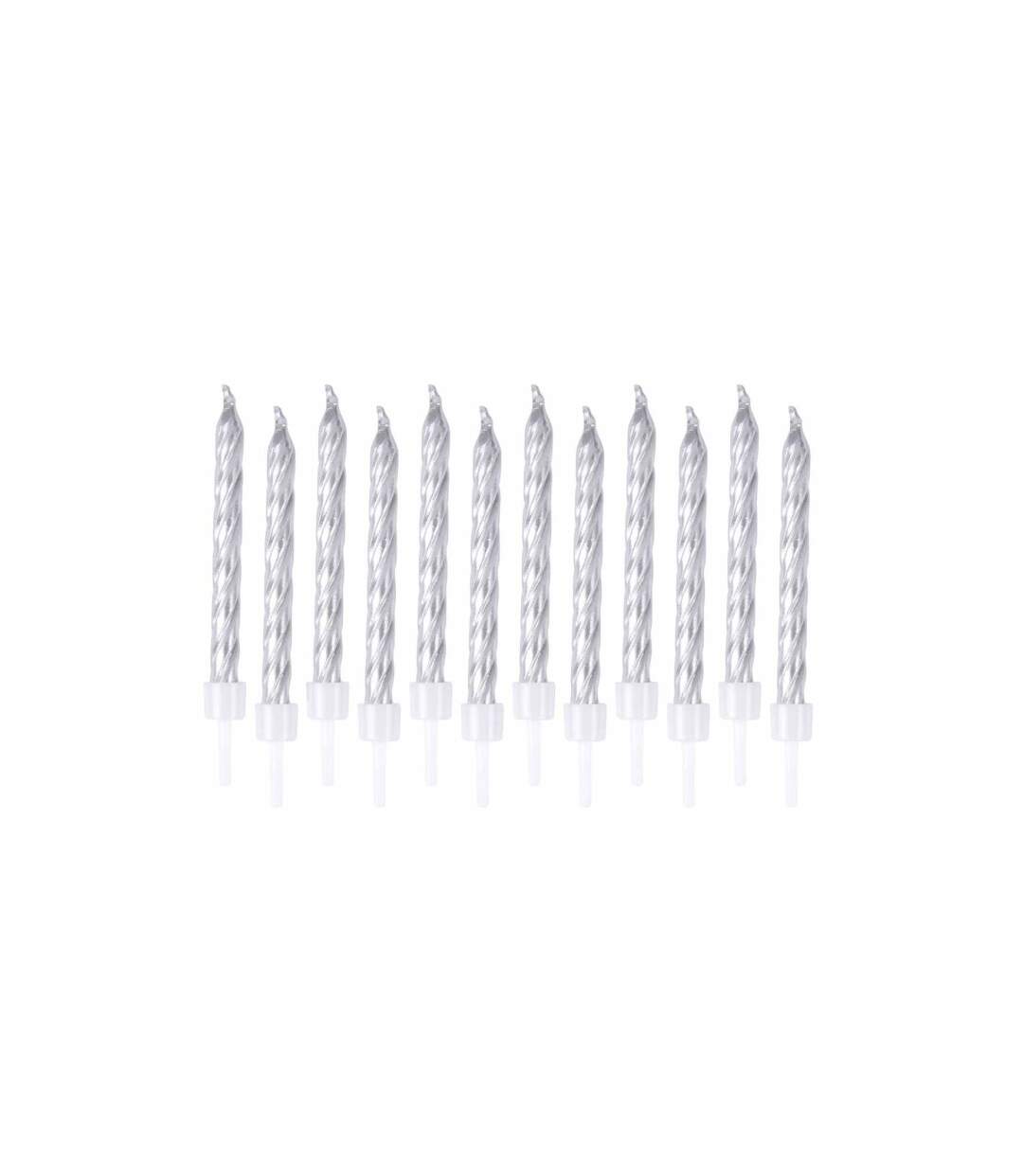 Lot de 12 Bougies d'Anniversaire Métalliques 6cm Argent