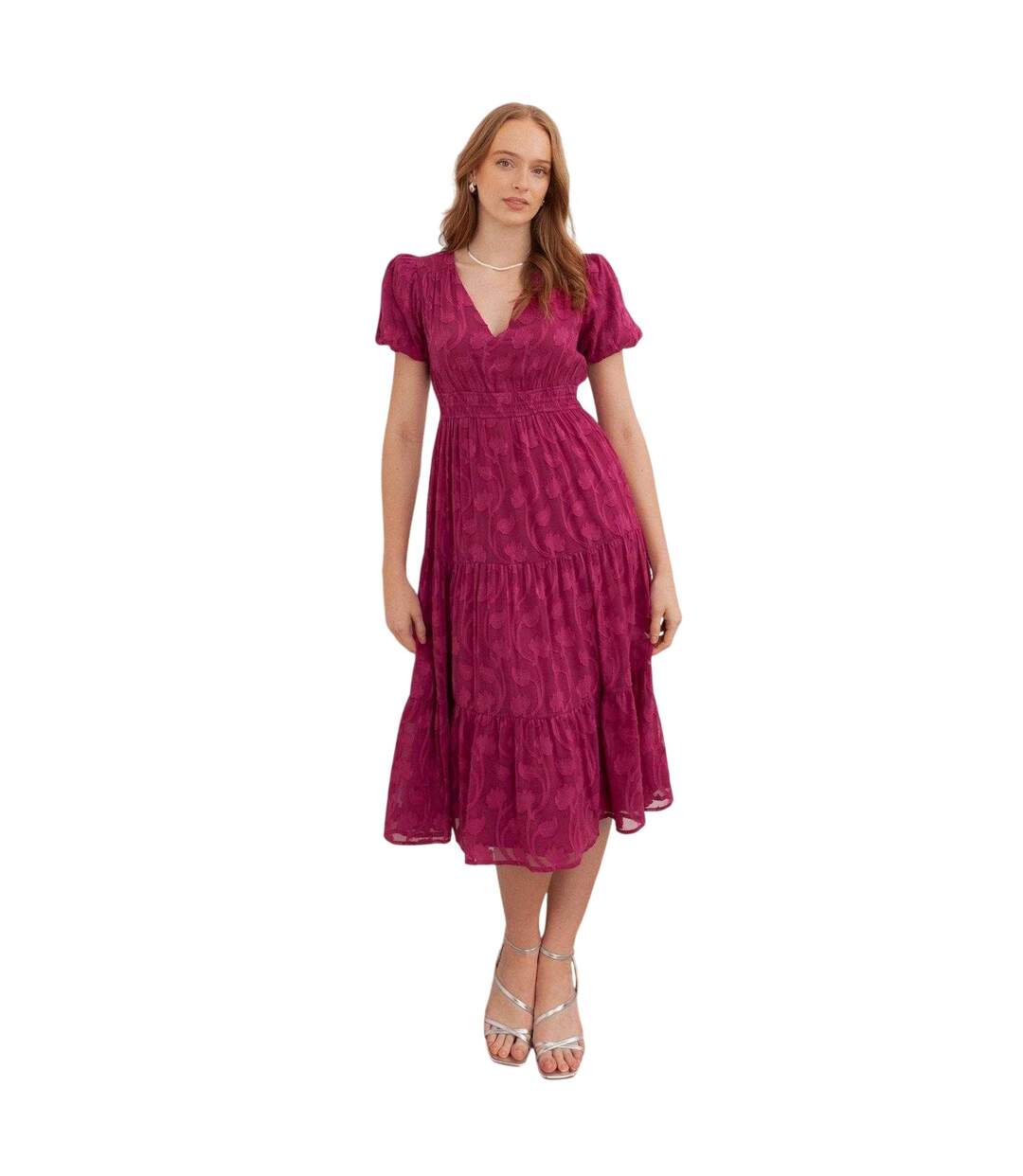 Robe Mi-longue Manches Bouffantes Motif/style Floral En Relief Femme Fuchsia Lovedrobe-1