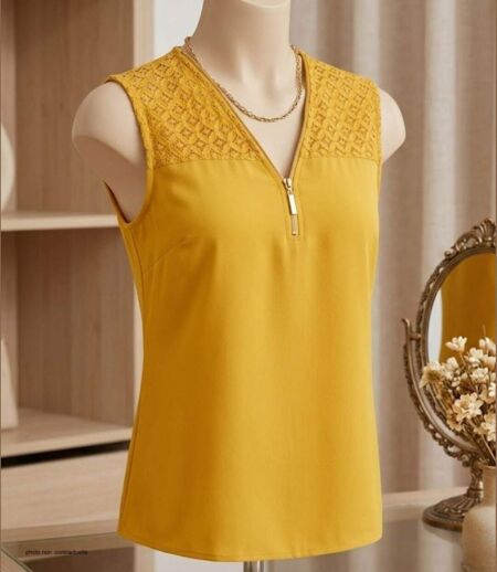 Top sans manches jaune MAYFLOWER CHF3053A en crêpe fluide avec détails dentelle