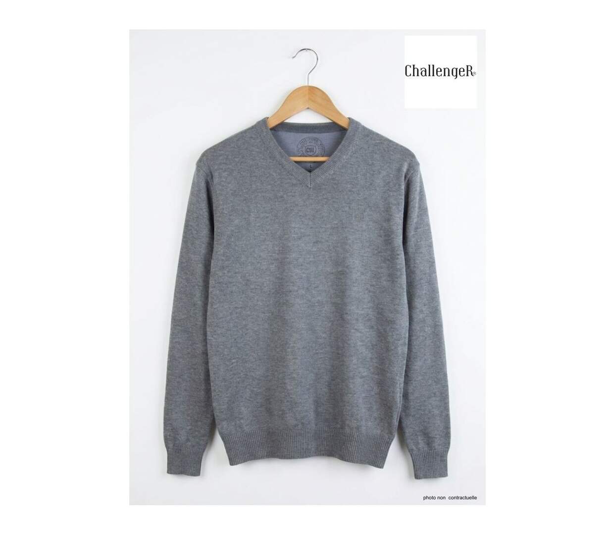 Pull Col V Homme PALAIS3 Gris avec Finitions Chambray-5