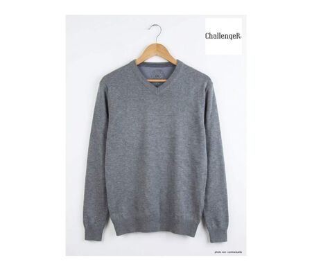 Pull Col V Homme PALAIS3 Gris avec Finitions Chambray