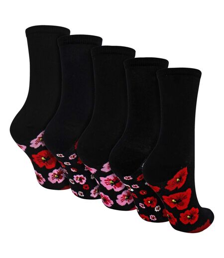 5 Pairs Ladies Poppy Footbed Socks - Soft Cotton Rich Floral Everyday Socks