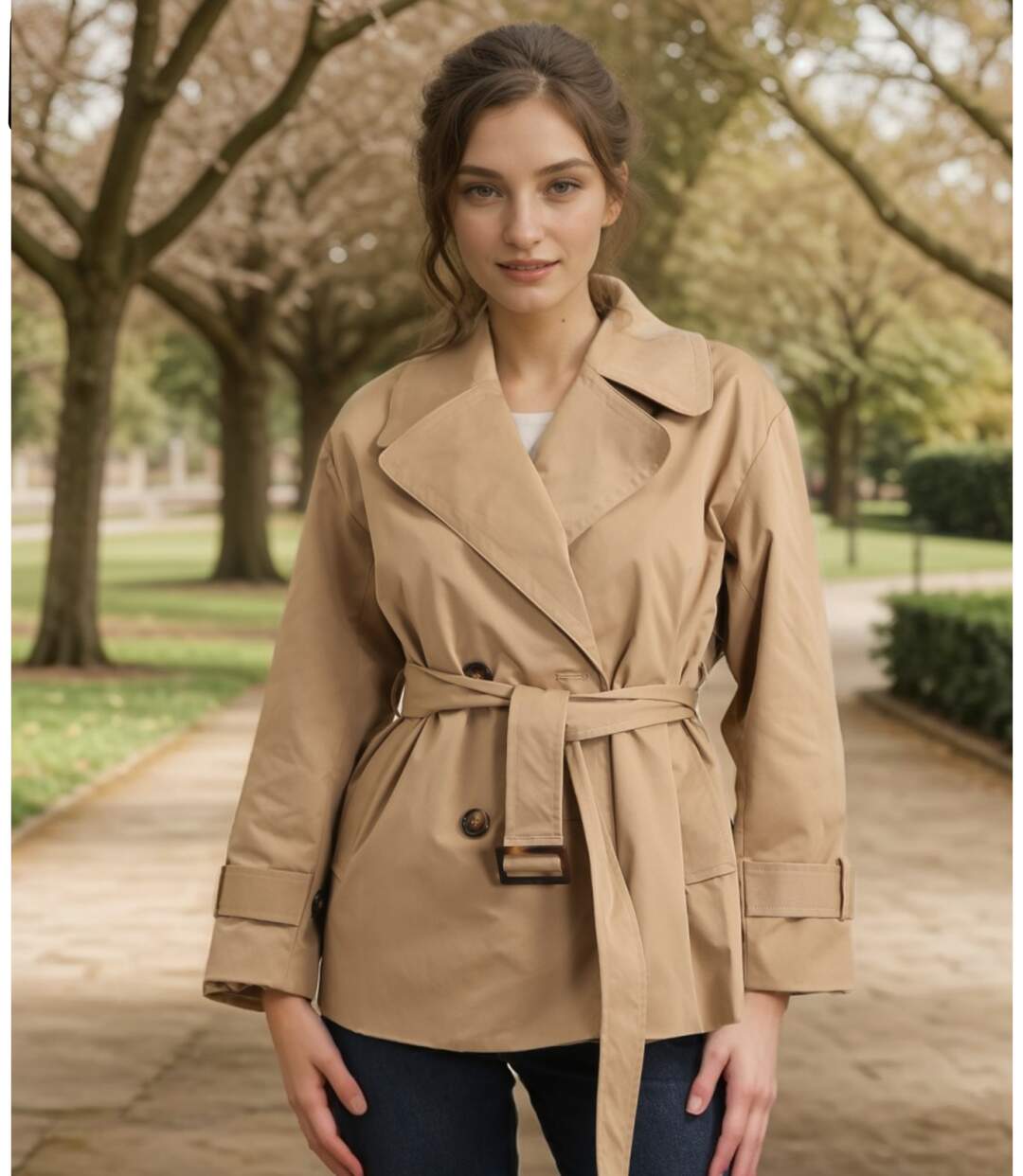 Trench Chic Femme Camel Ceinturé à  Manches Longues-3