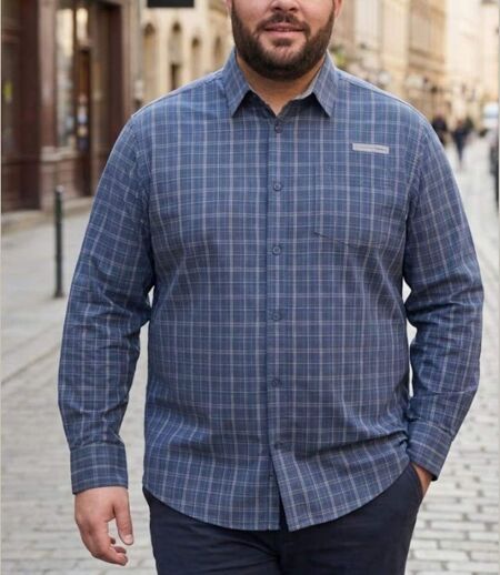 CHALLENGER CH2010 — Chemise à carreaux manches longues gris et bleu : confort en pur coton twill et aisance quotidienne