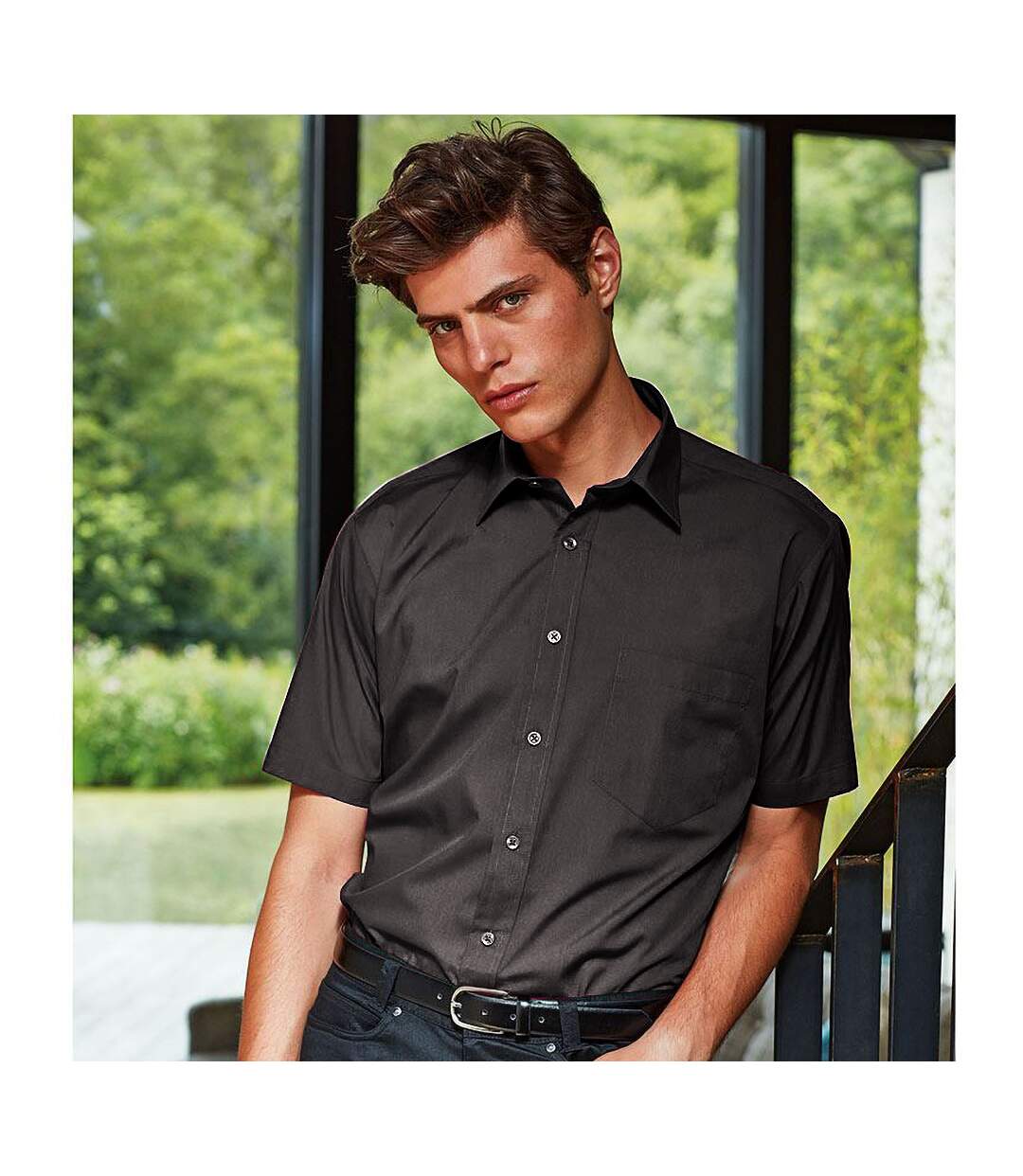 Mens short sleeve formal poplin plain work shirt black Premier