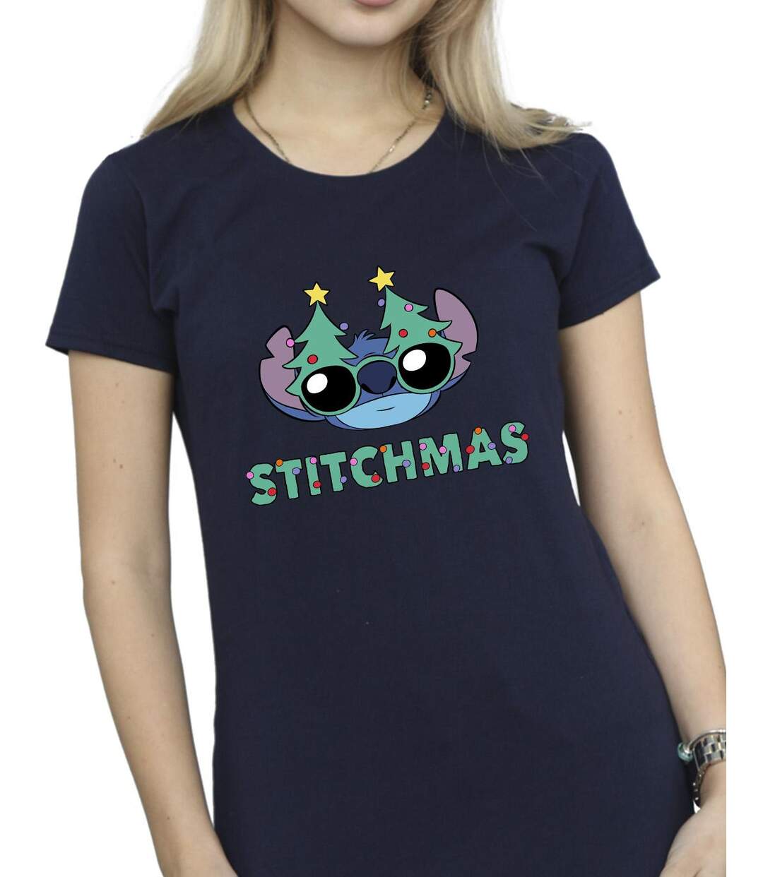 Disney T-shirt en coton Femmes/Ladies Lilo & Stitch Lunettes de Stitchmas (Bleu marine) - UTBI26103-3